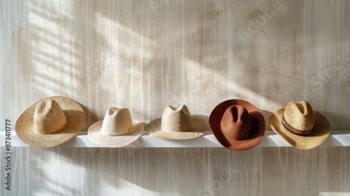 Collection of Stylish Hats on Display in Sunlit Room for Fashion Enthusiasts and Travelers Alike photo