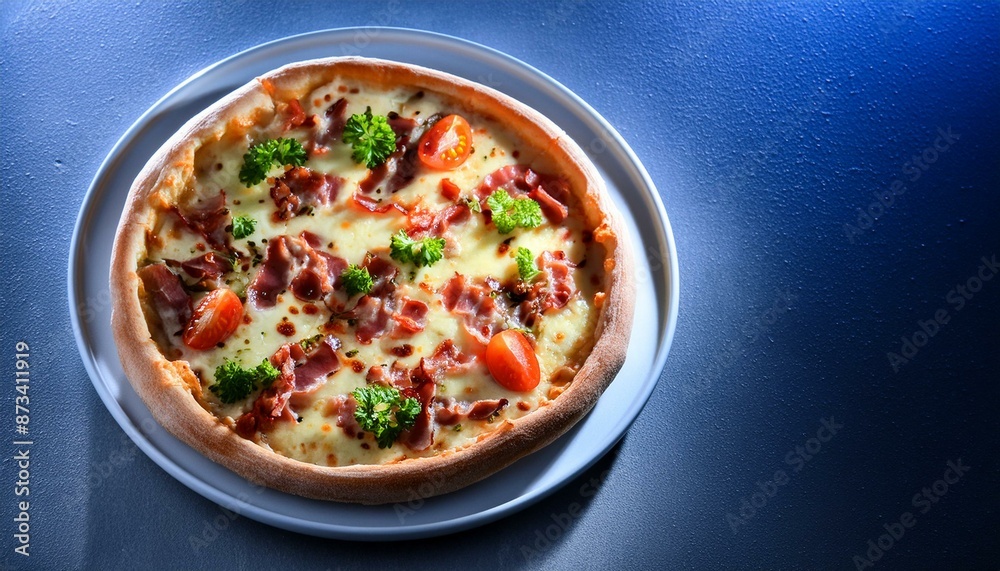 pizza with bacon, cheese and tomatoes; top view, gray background pizza with bacon, cheese and tomatoes; top view, gray background