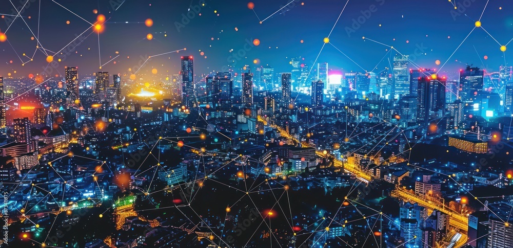 Obraz premium Night Cityscape with Network Connections