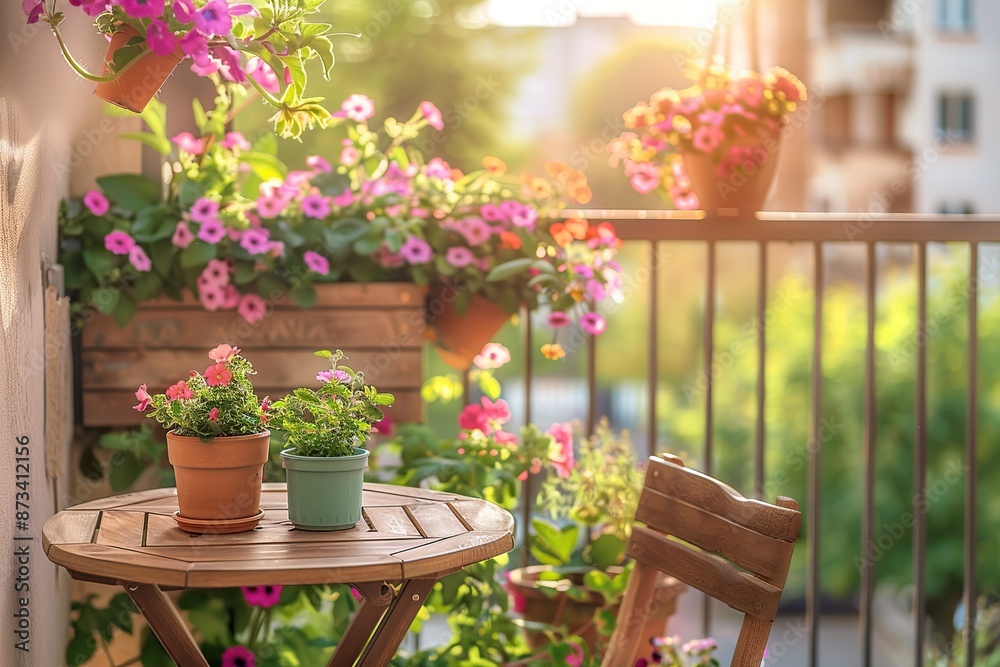 Beautiful balcony with small table, chair and flowers Beautiful balcony with small table, chair and flowers