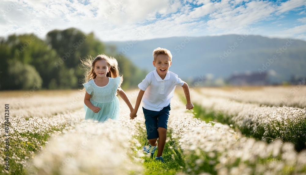 Playful children running through a field of flowers, sunny day, joyful expressions Playful children running through a field of flowers, sunny day, joyful expressions