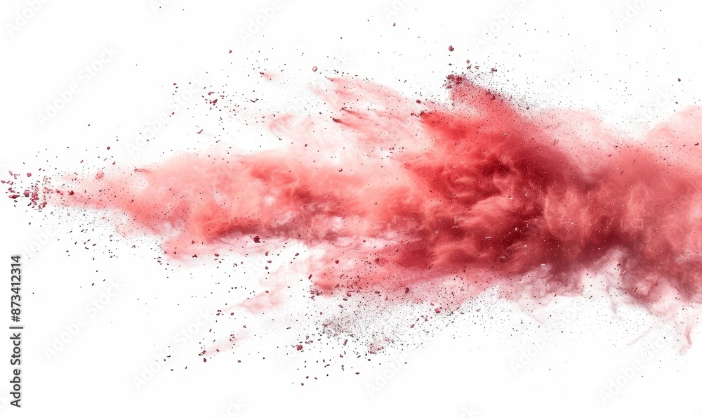 Red chalk pieces and dust flying, effect explode isolated on white background, Generative AI Red chalk pieces and dust flying, effect explode isolated on white background, Generative AI
