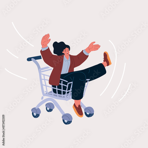 Carton vector illustration of woman ride shopping trolley
