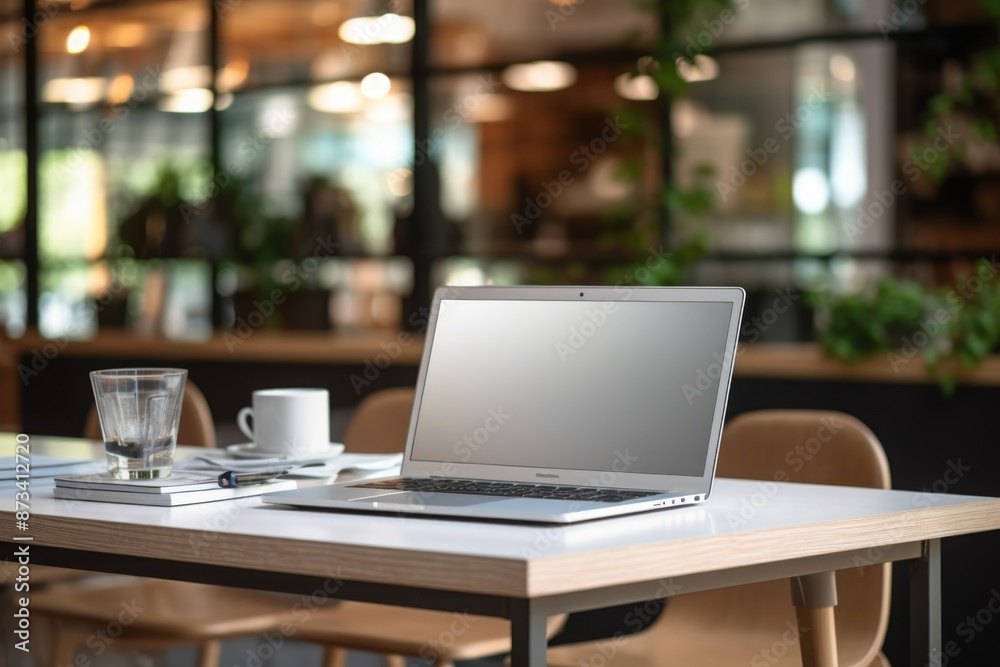 Front view laptop on white table. Nearby is document paper, pencil holder. In modern office workplace.
Front view laptop on white table. Nearby is document paper, pencil holder. In modern office workplace.