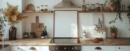 an American style kitchen with a close up of a mock up poster frame, Generative AI