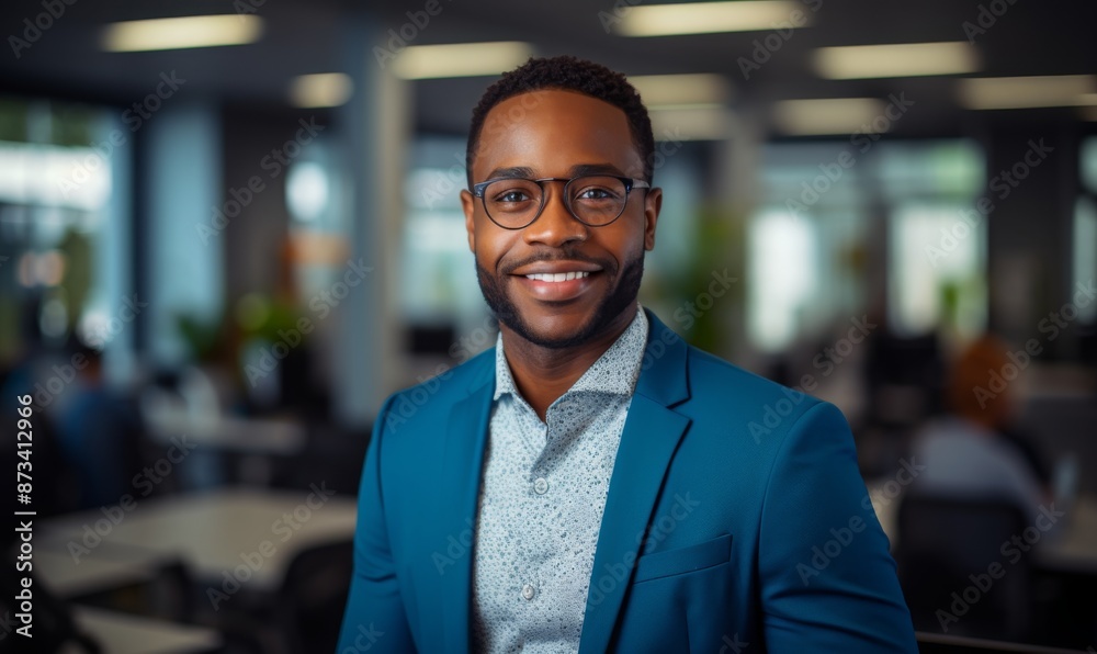 Obraz premium work portrait of happy poc black man wearing light blue business suit in office environment