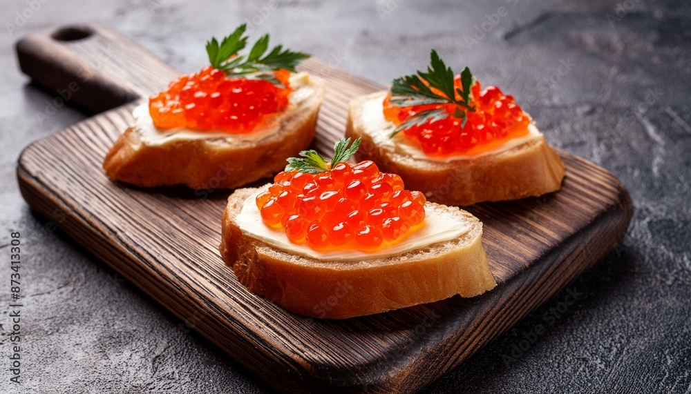 Sandwich with red caviar on a wooden board; close up Sandwich with red caviar on a wooden board; close up