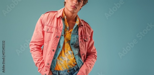 Young Man in Pink Denim Jacket Posing Against a Blue Background