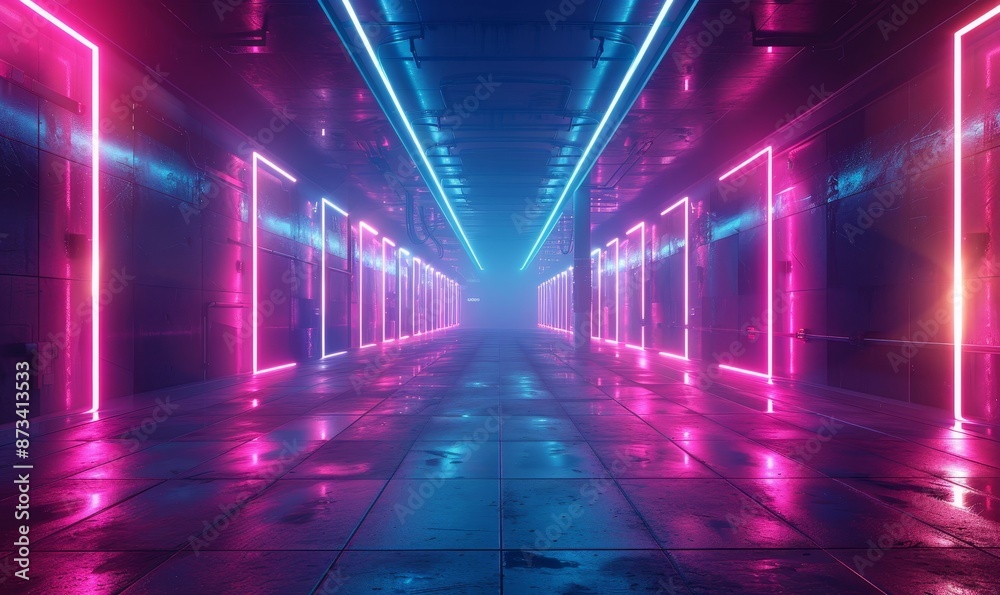 3d technology abstract neon light background, empty space scene, spotlight, dark night, virtual reality, cyber futuristic sci-fi background, street floor studio for mock up. colored, Generative AI 3d technology abstract neon light background, empty space scene, spotlight, dark night, virtual reality, cyber futuristic sci-fi background, street floor studio for mock up. colored, Generative AI
