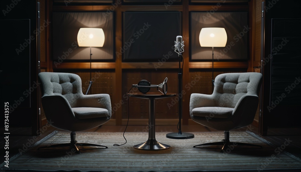 Neatly arranged podcast or interview setup two chairs, microphones, dark backdrop Neatly arranged podcast or interview setup two chairs, microphones, dark backdrop
