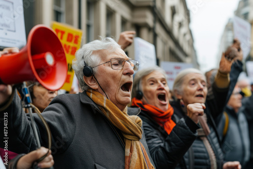 An elderly man delivers a protest speech through a megaphone on a city street. A crowd of elderly workers at a rally. A pensioner shouts through a megaphone in front of people. photo