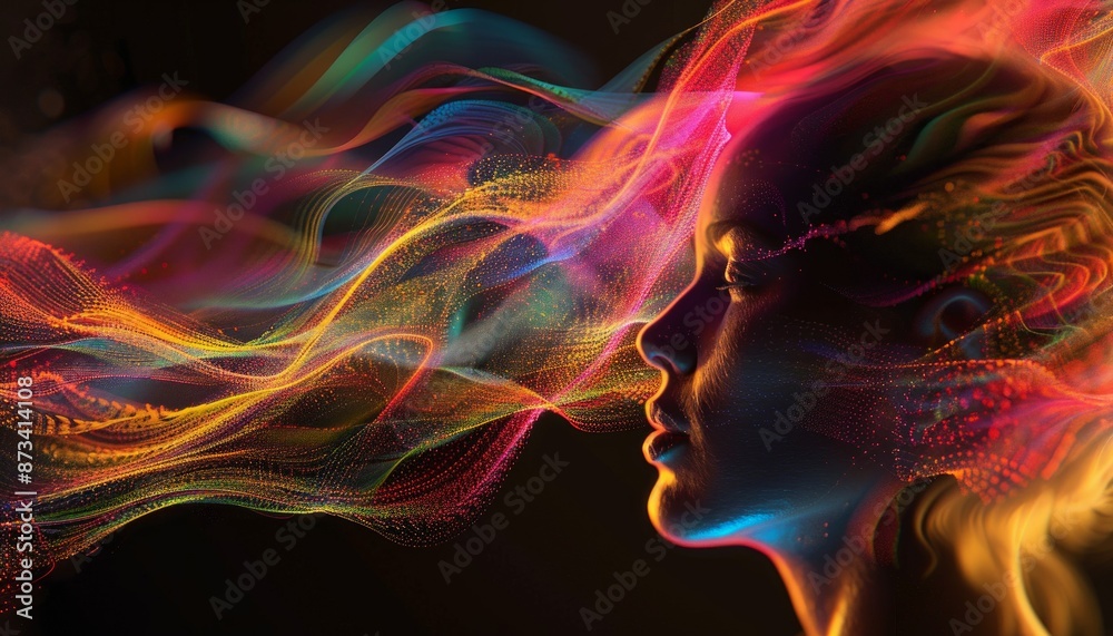 Profile of person in vibrant, abstract sonic waves, symbolizing synesthesia Profile of person in vibrant, abstract sonic waves, symbolizing synesthesia