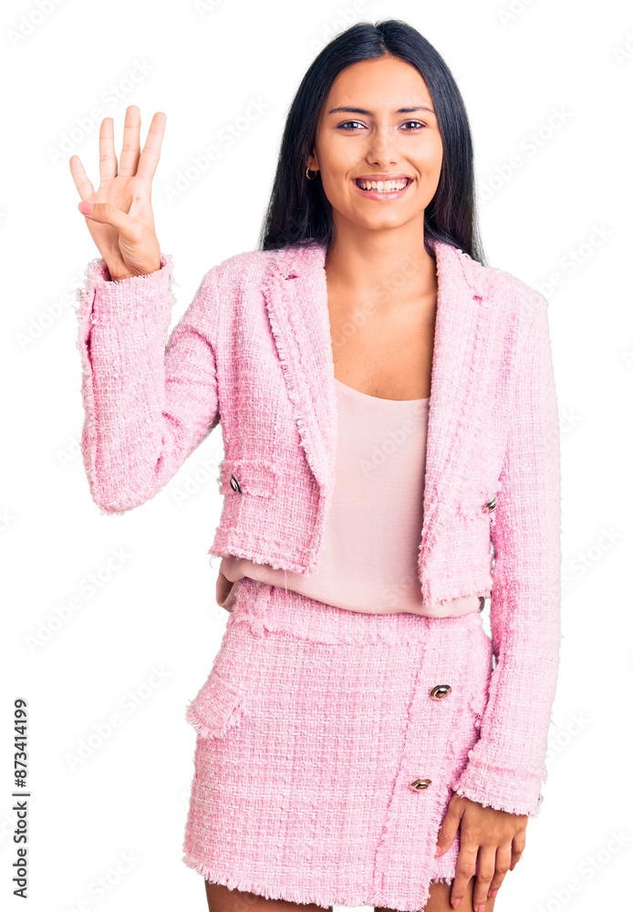 Young beautiful latin girl wearing business clothes showing and pointing up with fingers number four while smiling confident and happy. Young beautiful latin girl wearing business clothes showing and pointing up with fingers number four while smiling confident and happy.