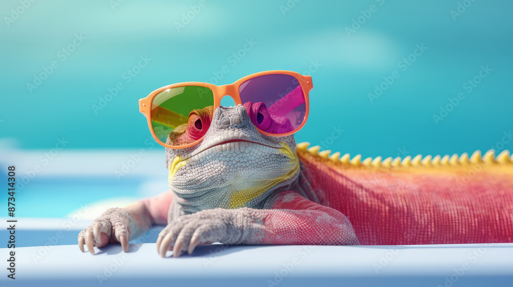 A cute chameleon in sunglasses swims in the pool on an inflatable circle. The concept of summer, vacations and vacations