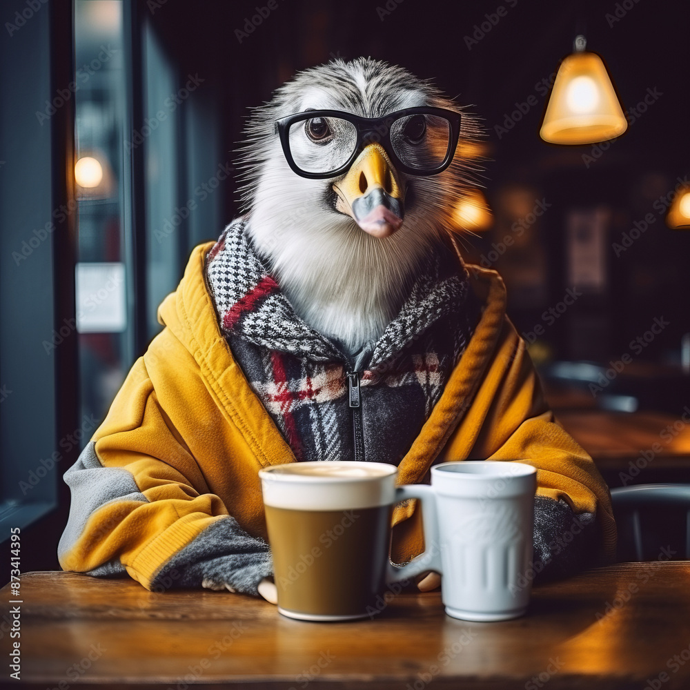 A hipster goose in glasses and a suit drinks coffee in a cafe. The concept of fantasy, surrealism.
