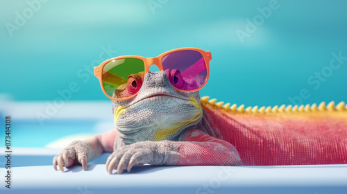 Obraz na płótnie A cute chameleon in sunglasses swims in the pool on an inflatable circle. The concept of summer, vacations and vacations w salonie