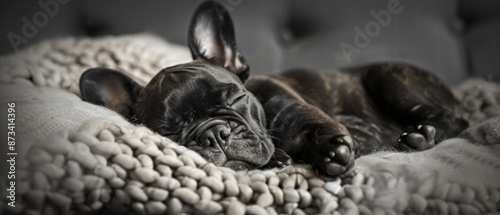 French bulldog puppy sweetly slumbers amidst fluffy pillows, playful adorable © Mark