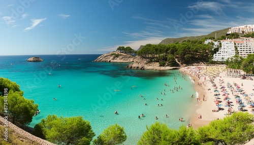 Serene beach scene with turquoise water, white sand, and people relaxing, tropical paradise