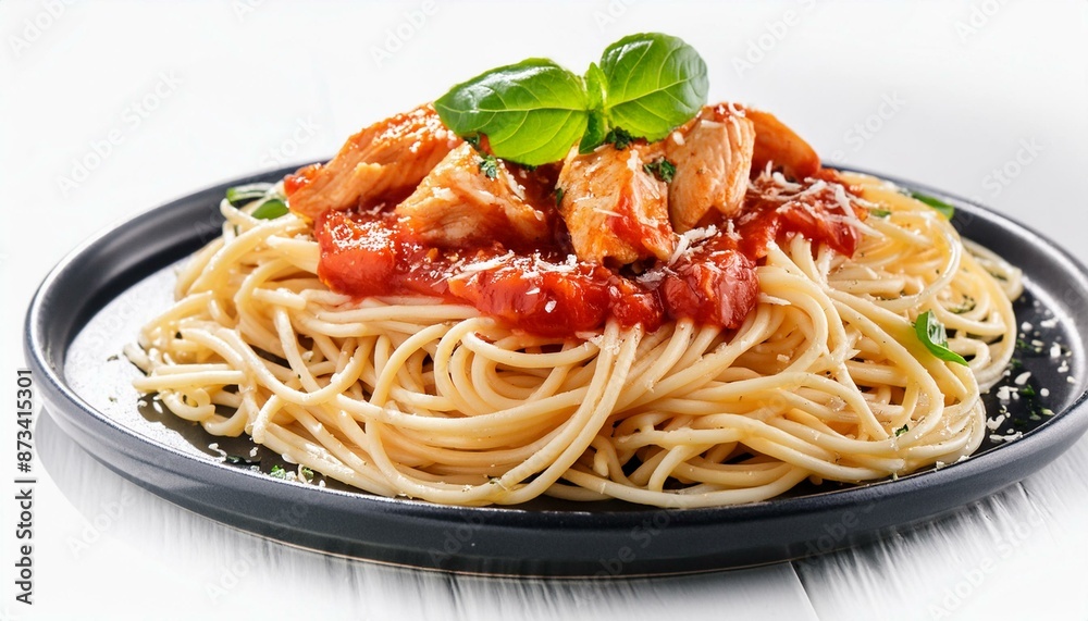 Spaghetti with chicken and tomato sauce, isolated on white background Spaghetti with chicken and tomato sauce, isolated on white background