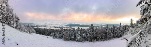 Panorama of Gory Swietokrzyskie Mountains and valleys with Goloborze Lysa Gora stone run slopes on Swiety Krzyz mount hilltop during winter near Nowa Słupia village. photo