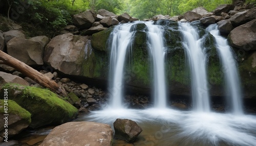 A cascading waterfall surrounded by lush greenery in a tranquil forest