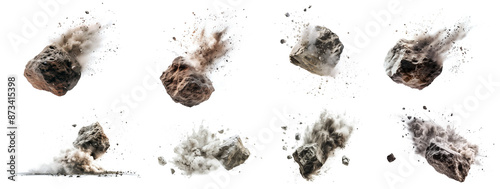 A collection of exploding of rock, stone floating with dust on the air photo