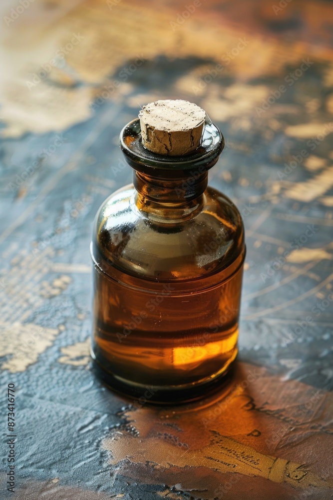 A bottle of oil with a cork stopper on a table A bottle of oil with a cork stopper on a table