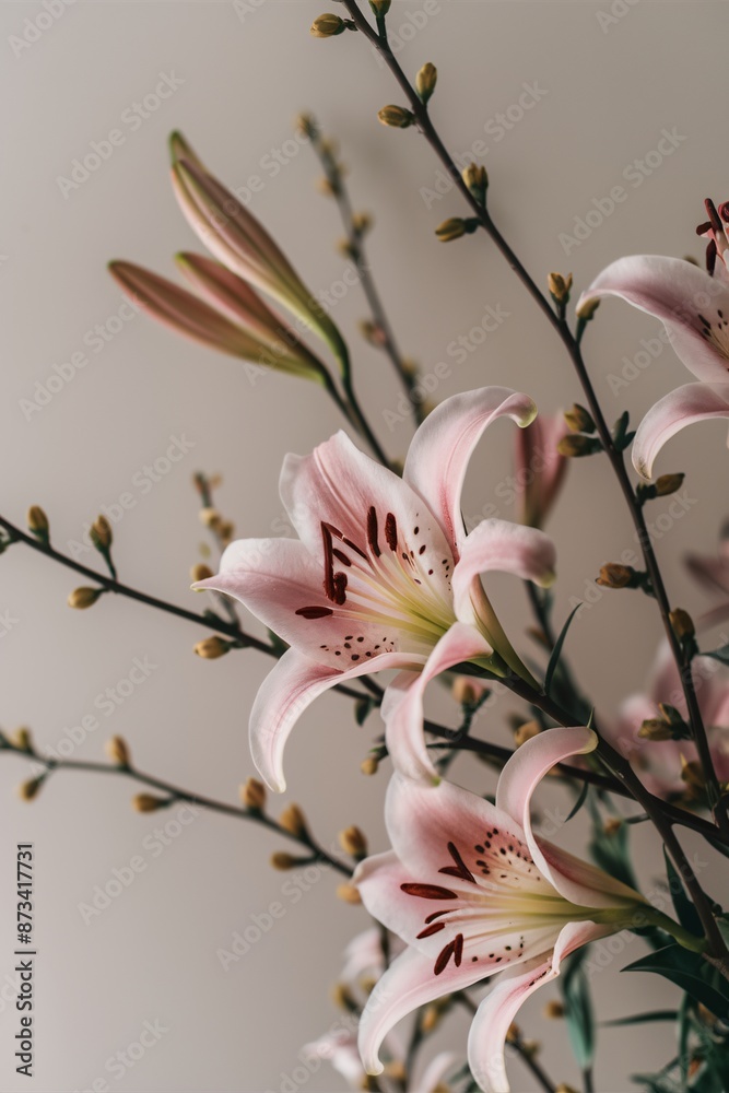 Fototapeta premium A bouquet of light pink lilies with dark pink spots on the petals. The lilies are closed buds and fully bloomed.