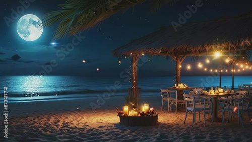 beachside restaurant at night.Seamless 4k time lapse virtual video animation background