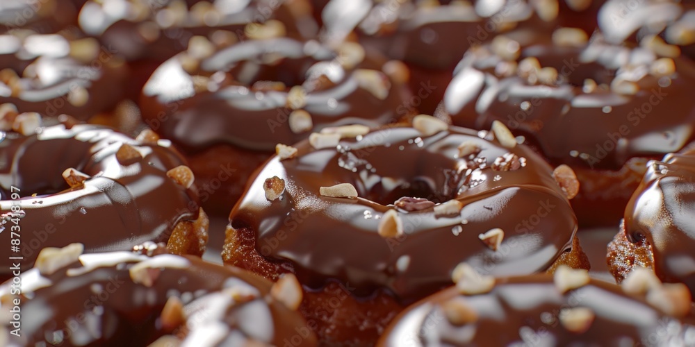 A close up of a row of chocolate donuts with nuts on top. The donuts are all the same size and shape, and they are all covered in chocolate. Concept of indulgence and temptation A close up of a row of chocolate donuts with nuts on top. The donuts are all the same size and shape, and they are all covered in chocolate. Concept of indulgence and temptation
