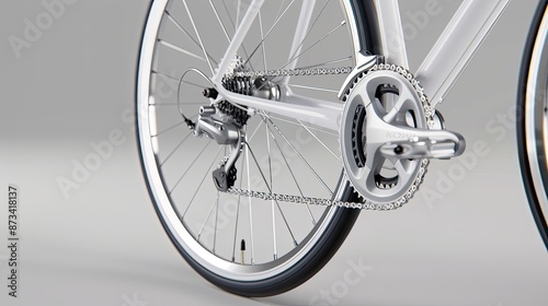 A close-up shot of a bicycle's rear derailleur and chain, with the spokes of the wheel in the background. The image is in black and white