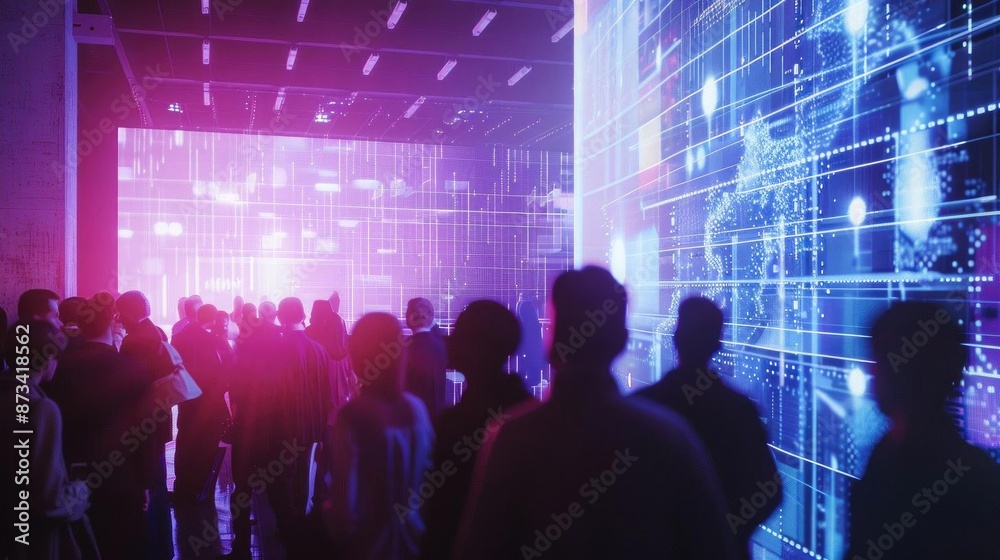 A crowd of people stand in a dimly lit room with vibrant blue and pink lights projecting geometric shapes and patterns on the walls. A crowd of people stand in a dimly lit room with vibrant blue and pink lights projecting geometric shapes and patterns on the walls.