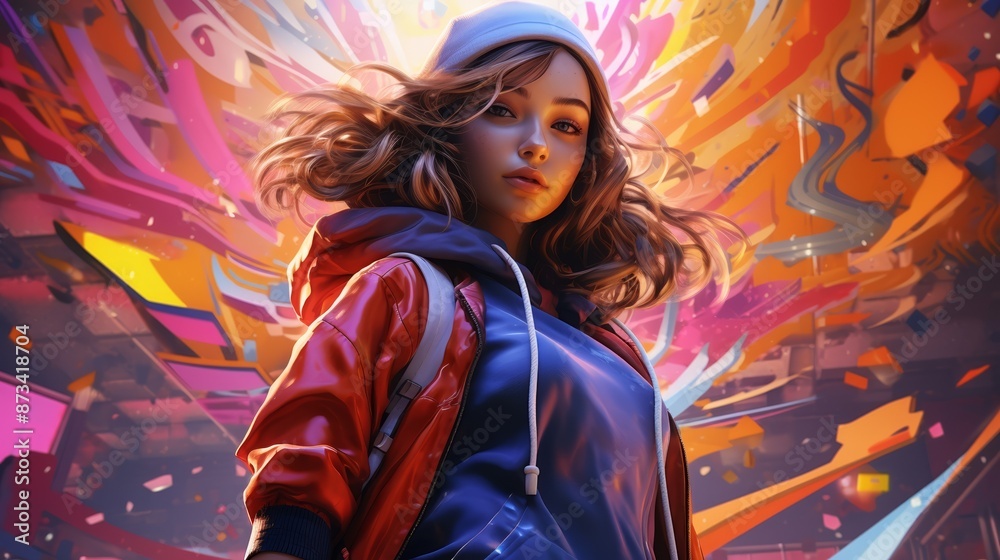 A young woman in a beanie and red jacket stands before a vibrant, abstract, and colorful background, exuding confidence and energy. A young woman in a beanie and red jacket stands before a vibrant, abstract, and colorful background, exuding confidence and energy.
