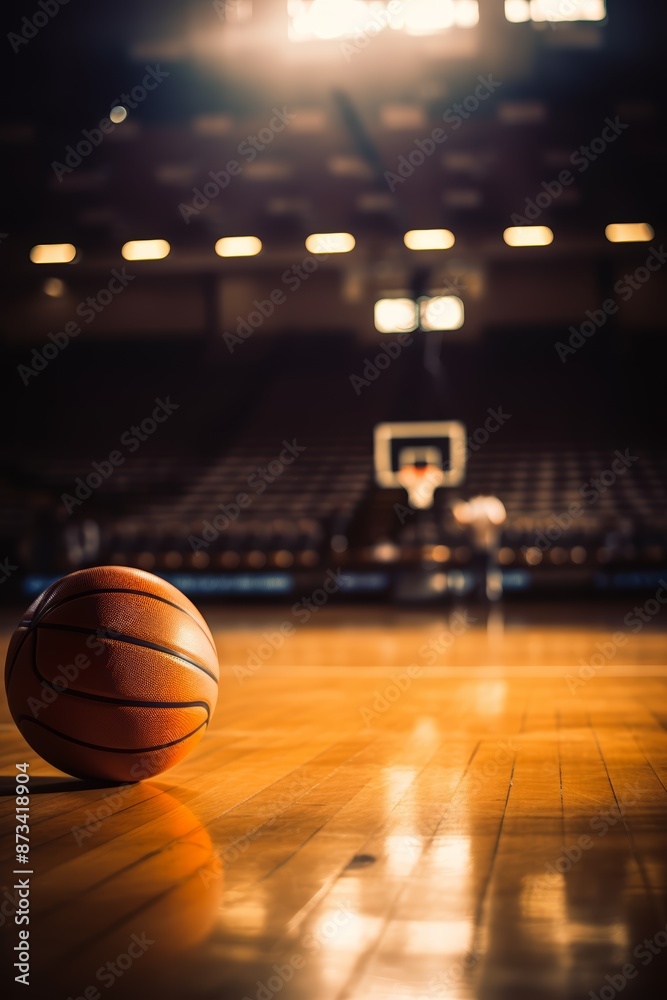 A basketball lies on an empty, polished court under bright lights, with a blurred basketball hoop in the background.