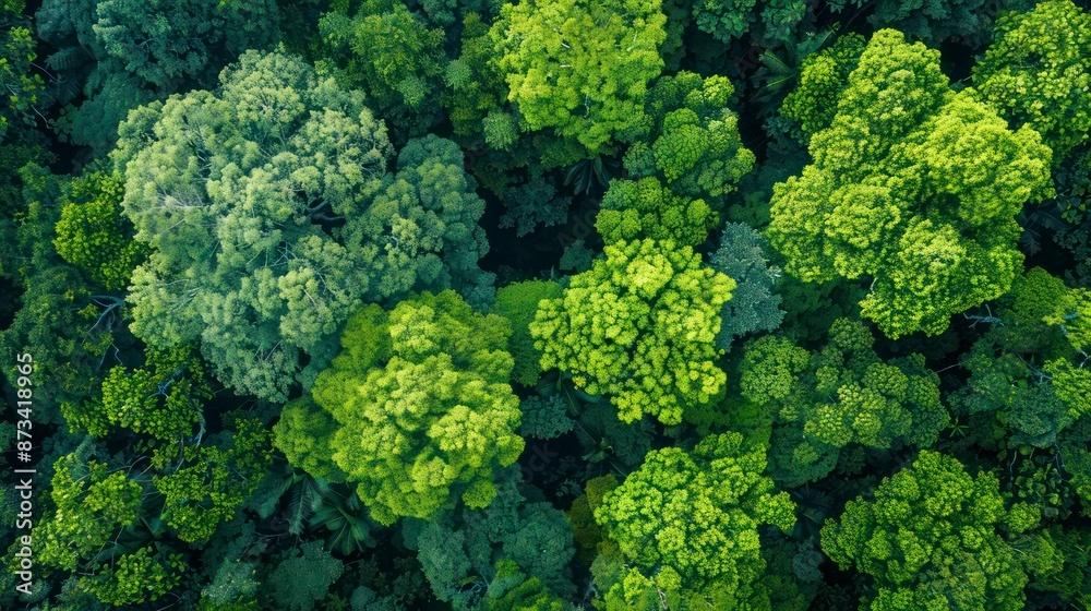 Naklejka premium Top-Down Aerial View of Lush Rainforest: Exploring the Ecosystem and Healthy Environment