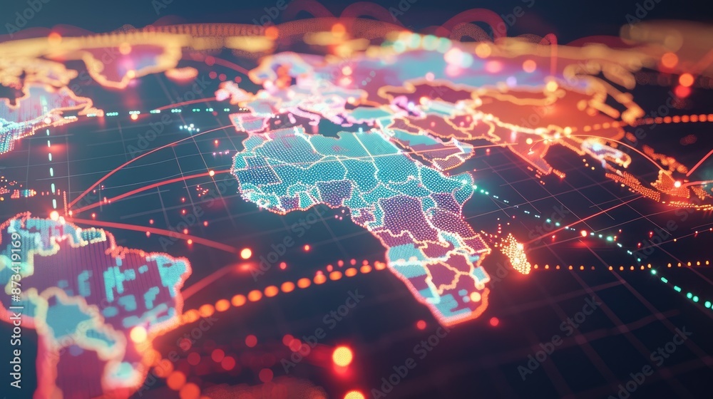 A glowing map of the world with interconnected lines representing global networks. A glowing map of the world with interconnected lines representing global networks.