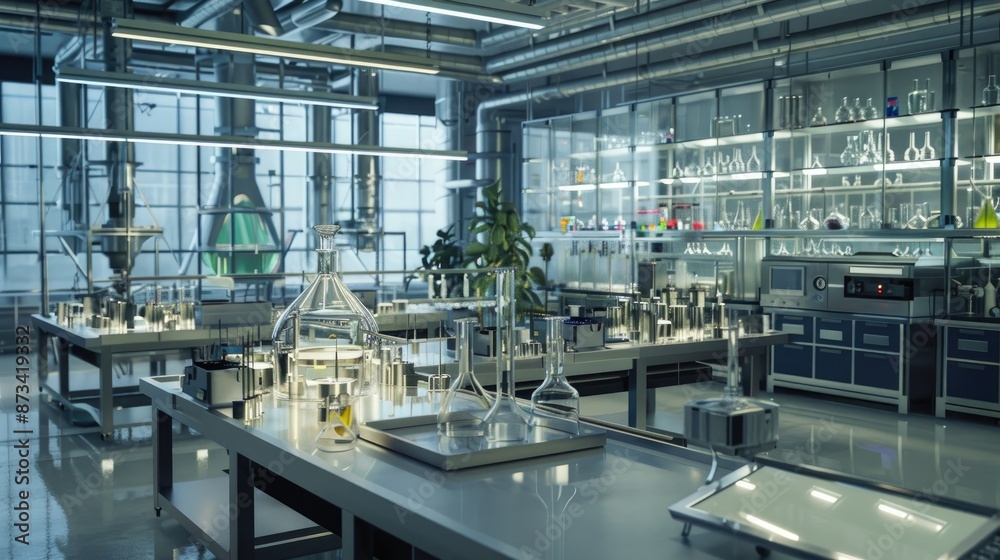 A modern laboratory with glass beakers, flasks, and other scientific equipment on tables. The room is bright and clean, with large windows. A modern laboratory with glass beakers, flasks, and other scientific equipment on tables. The room is bright and clean, with large windows.