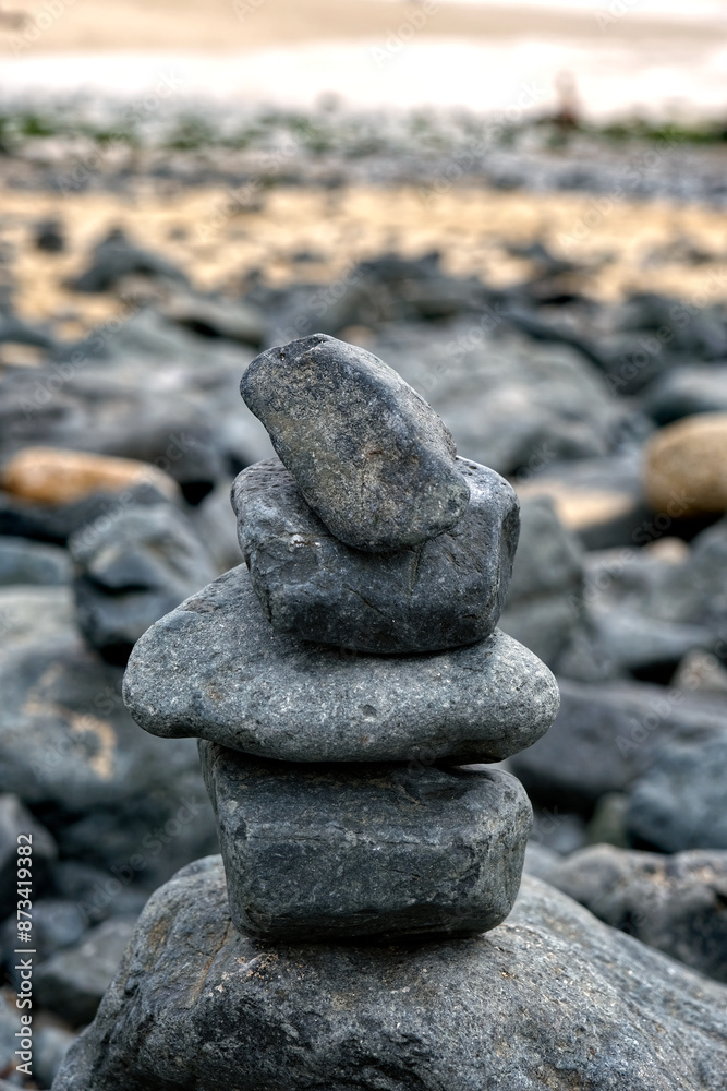 A stack of zen-like balancing stones on a beach in St Ives, Cornwall A stack of zen-like balancing stones on a beach in St Ives, Cornwall
