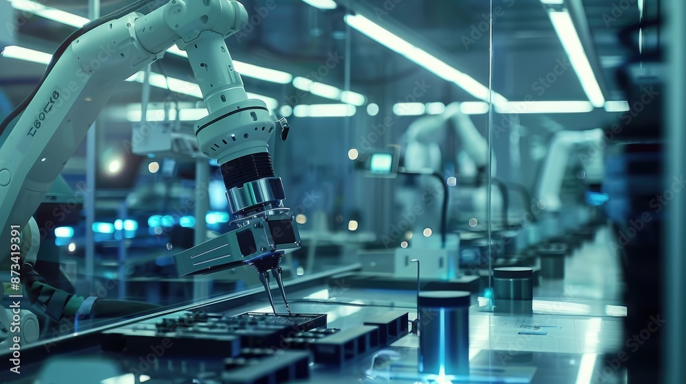 A robotic arm operates on an assembly line in a futuristic factory. A robotic arm operates on an assembly line in a futuristic factory.