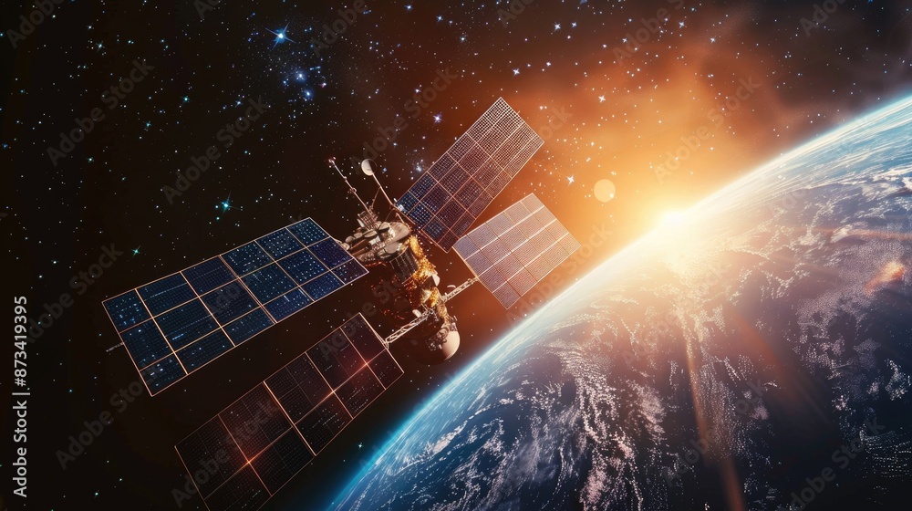 A satellite orbits Earth with a sunrise in the background. A satellite orbits Earth with a sunrise in the background.