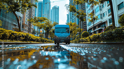 Commercial Cleaning van in the middle of the road in an urban city surrounded by tall buildings photo