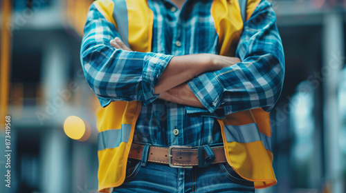 confident handyman tighten up his hands and waiting photo