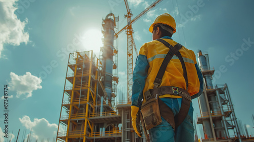 Construction worker looking at a site working in progress from the bottom photo