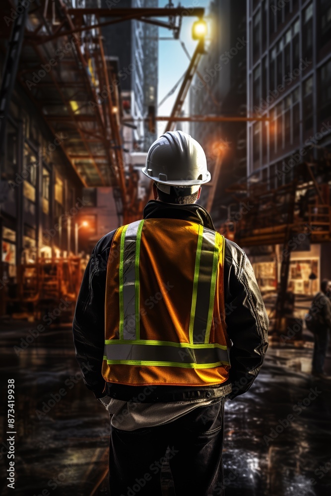 A construction worker in a high-visibility vest and hard hat stands in a dimly lit urban construction site with buildings and scaffolding in the background. A construction worker in a high-visibility vest and hard hat stands in a dimly lit urban construction site with buildings and scaffolding in the background.