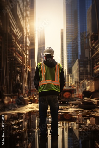 A construction worker in a safety vest and hard hat stands amidst a city construction site at sunrise with high-rise buildings in the background.