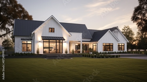 A modern farmhouse with white siding and black trim, featuring large windows and a spacious lawn, nestled in a serene setting at dusk. © Xyeppup