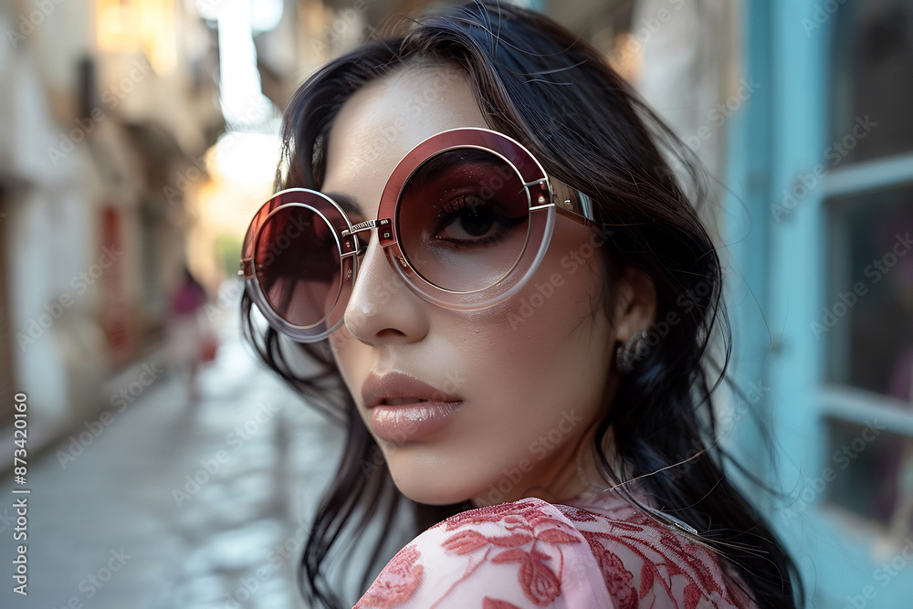Fashion Model Posing in Round Sunglasses