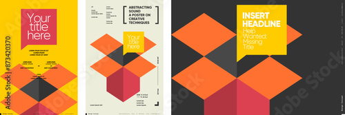 A contemporary poster collection featuring bold geometric shapes and customizable titles. The design combines minimalistic elements with vibrant colors.