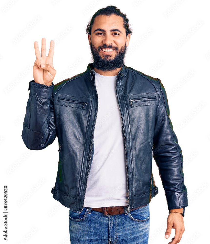 Young arab man wearing casual leather jacket showing and pointing up with fingers number three while smiling confident and happy. Young arab man wearing casual leather jacket showing and pointing up with fingers number three while smiling confident and happy.