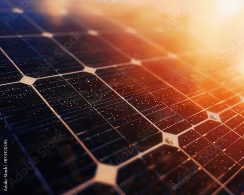 Close-up of a solar panel with warm sunlight shining through.